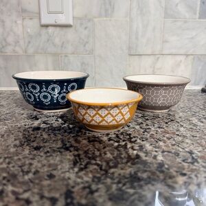 Set of 3 Patterned Ceramic Prep Bowls - Navy, Mustard, Taupe Stoneware